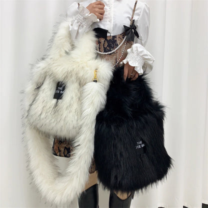 Luxury Designer The Tote Bags for Women Furry Leather Branded Fur Shoulder Bags Female Large Crossbody Handbags