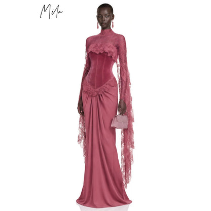 Mila Custom Dusty Rose High Neck Lace Long Flounce Sleeve Mermaid Prom Dress Spliced Velvet Formal Evening Gown Homecoming Dress - Kimlud