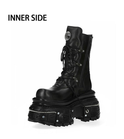 Metal Rivet Platform Cross Tie Motorcycle Boots Female Rock Round Head Fashion Retro Short Boots Goth Style Platform Boots