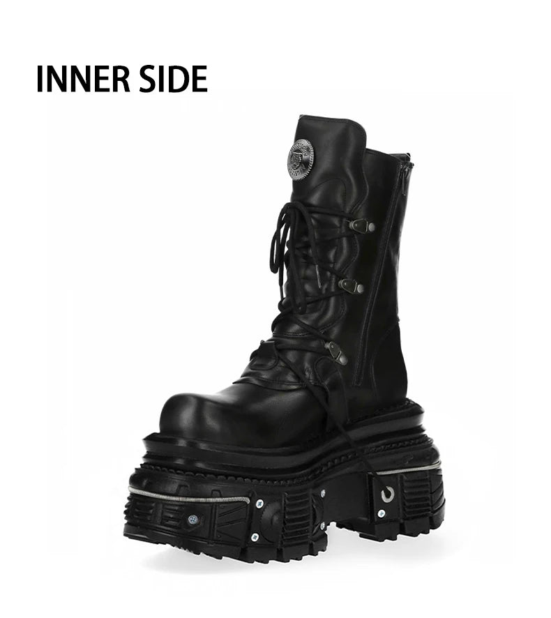 Metal Rivet Platform Cross Tie Motorcycle Boots Female Rock Round Head Fashion Retro Short Boots Goth Style Platform Boots
