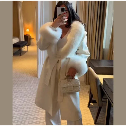 Elegant Fur Patchwork Woolen Coat Women Chic Full Sleeve V-neck Lace Up Loose Long Overcoat 2025 Lady Winter Commute Outwear