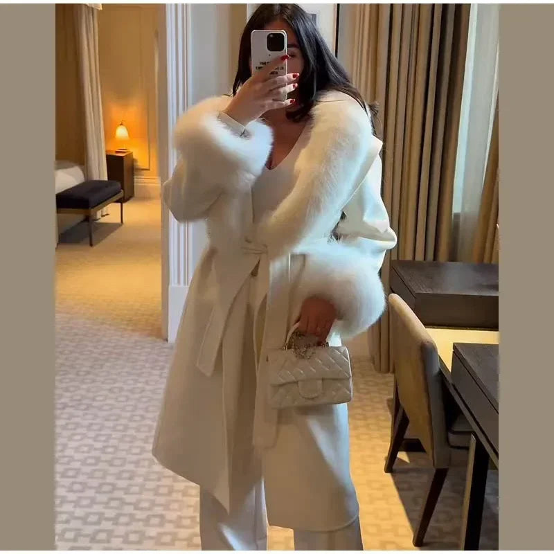 Elegant Fur Patchwork Woolen Coat Women Chic Full Sleeve V-neck Lace Up Loose Long Overcoat 2025 Lady Winter Commute Outwear