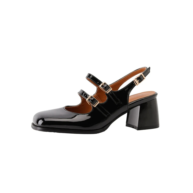 Plus Size 44 45 46 Black Silver Chunky High Heels Mary Jane Shoes Women Square Toe Double Buckle Pumps Slingback Ladies Sandals - Kimlud