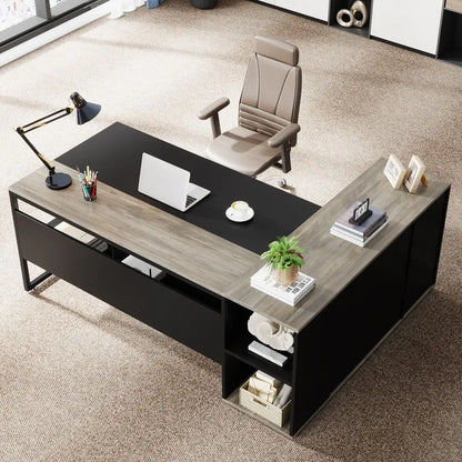 71 inch Executive Desk, L Shaped Desk with Cabinet Storage, Executive Office Table with Shelves, Business Furniture Set Worksta - Kimlud