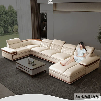 Linlamlim Premium Italian Genuine Leather Sofa Set for Living Room with Adjustable Headrests, Bluetooth Speaker, Wireless Charge