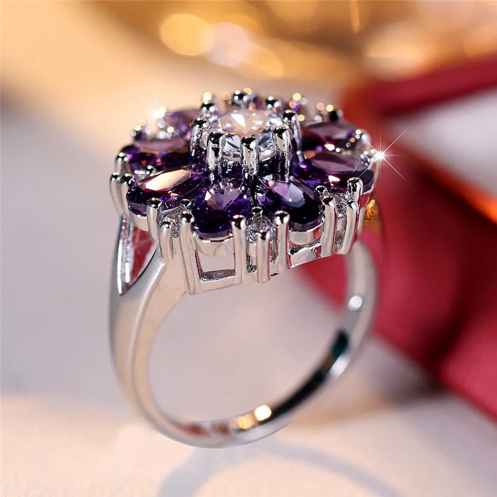 Luxury Female Crystal Purple Stone Sun Flower Engagement Ring Vintage Silver Color Wedding Jewelry For Women