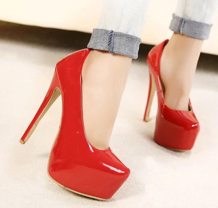 Women Pump Shoes Bridal Platform Sip-On Pointed Toe Patent Leather 15CM Thin Heels Korean Style Casual Autumn Women Shoes Black