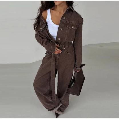 Chic Denim Women's Jumpsuit Turn-Down Collar Lace Up Full Sleeve Lady Long Jumpsuits 2026 Spring Casual Female Streetwear - Kimlud