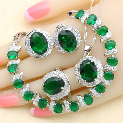 925 Silver Jewelry Sets Green Zirconia Necklace Pendant Hoop Earrings Ring Bracelet For Women Gift Box