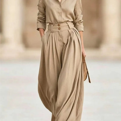 Women Solid Two Piece Outfit Autumn Lapel Long Sleeve Button Shirt + High Waist Pleated Wide Leg Pants Set Casual Office Suits