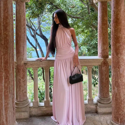 Ofherown Satin A-Line Formal Party Dress Blush Pink Halter Neck Evening Dress Prom Gown With Ruched Waist Open Back