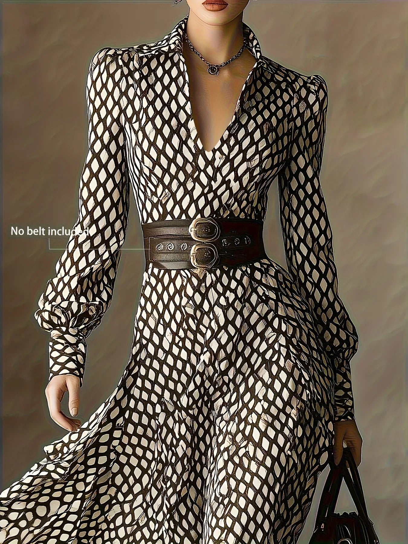 Women's Vintage Plaid Print Shirt Dress V-neck Bubble Long Sleeve High Waist Slim A- line Skirt Elegant Midi Dress Autumn Fashio