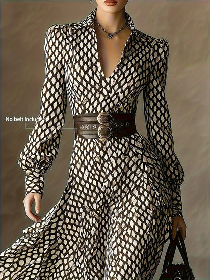 Women's Vintage Plaid Print Shirt Dress V-neck Bubble Long Sleeve High Waist Slim A- line Skirt Elegant Midi Dress Autumn Fashio