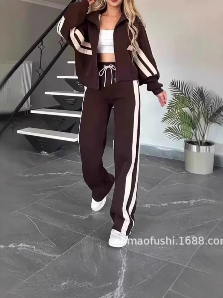 Y2K Striped Zipper Coat+sweatpants Two Piece Set Women Casual Batwing Sleeve Sports Outfits Autumn Winter Sweatshirt Suit