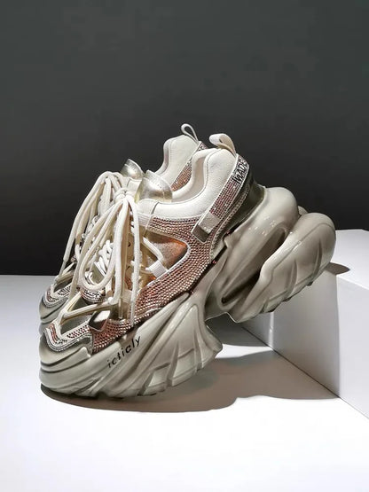 Women High Heels Platform Shoes Spring Crystal Fashion Luxury Designer Brand Chunky Sneakers Unique Design Real Leather Trendy
