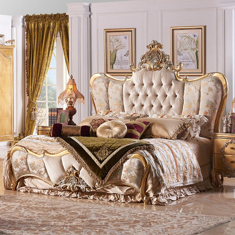 French Rococo Design Home Bedroom Gold Leaf Carving King Size Bed European Classic Luxury Golden Wooden Bedroom Furniture - Kimlud