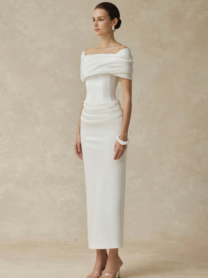 DEAT Elegant Dress Slash Neck Pleated Back Split Slim Hip Warp Long Women's Evening Party Dresses 2026 Winter New Tide...