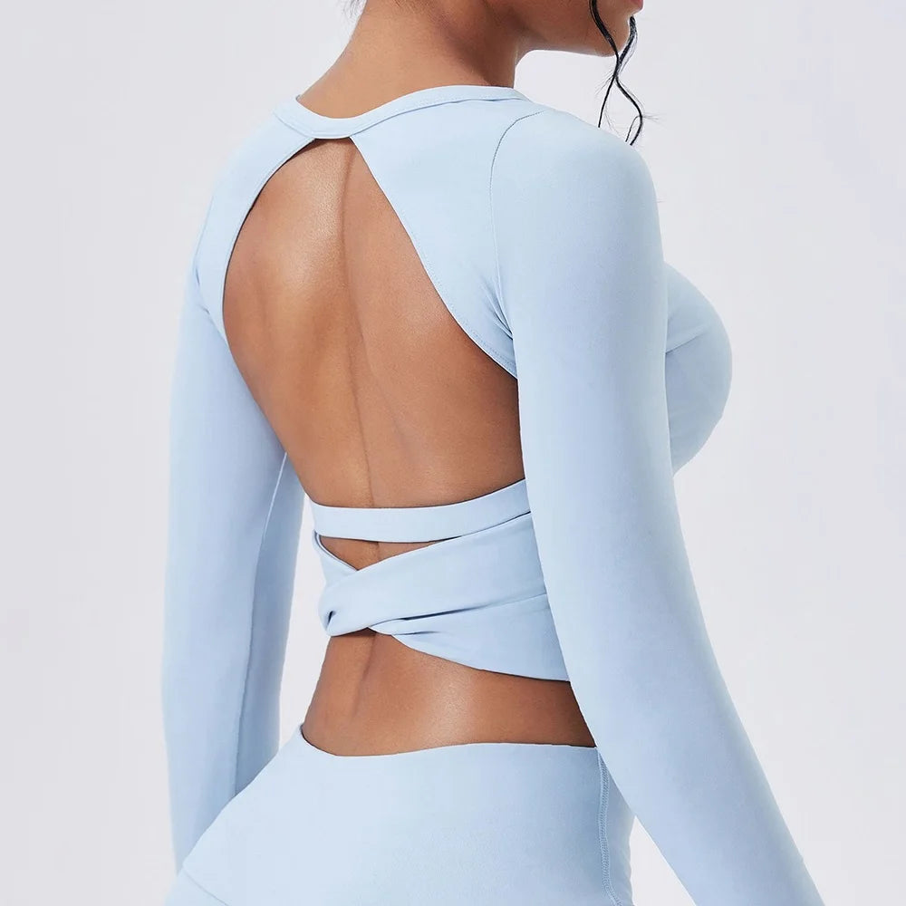Cloud Hide SEXY Back Grey Yoga Shirts for Women Long Sleeve Pilates Blouse Sports Gym Fitness Top Running T-Shirt Workout Shirt - Kimlud