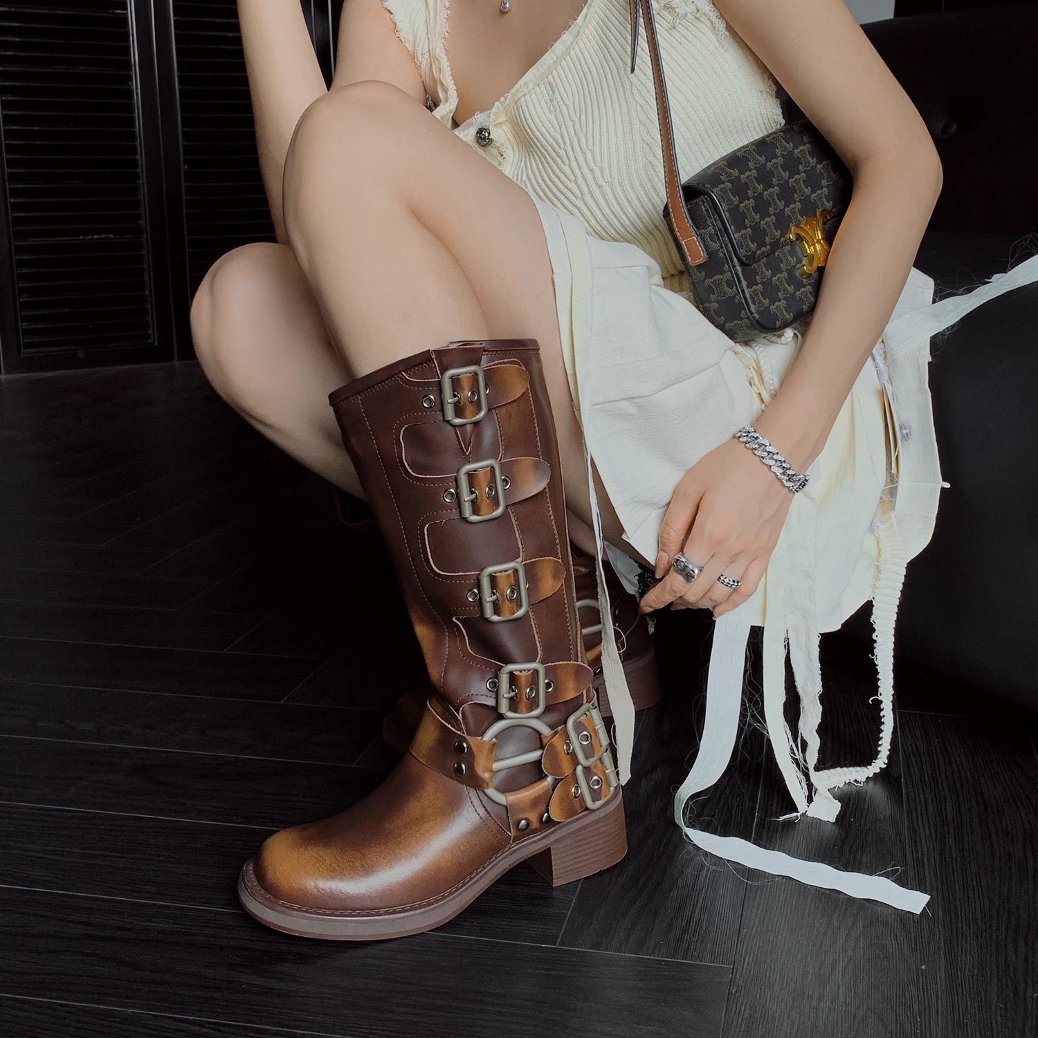 Arden Furtado 2025 Genuine Leather Platform Rivet Motorcycle boots Round toe Belt buckle Block heel mid wide calf Western boots