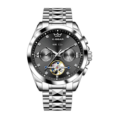 Men's Automatic Mechanical Watch with Tourbillon Waterproof Luminous Stainless Steel Strap Luxury Multi-Functional Timepiece