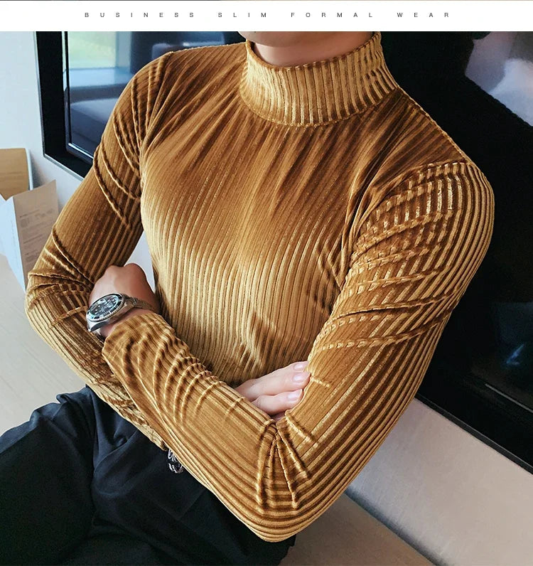 New Gold Velvet T Shirt Men Clothing Fashion Trend Male Luxury Prom Party Long-sleeved Striped Pullover Tops Homme - Kimlud