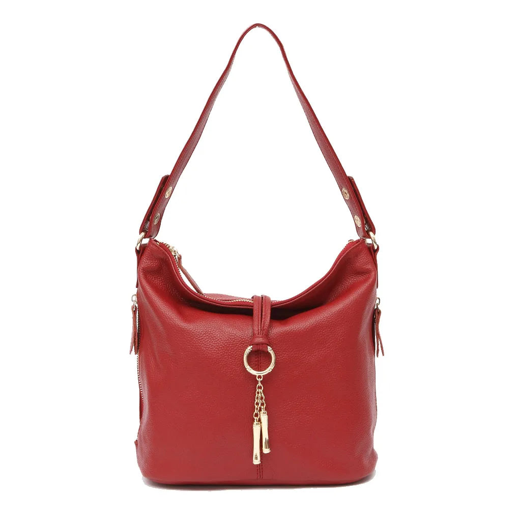 Zency Elegant Women Red Leather Handbag 100% Genuine Leather Lady Hobo Bag Charming Ring Medium Shoulder Bag Bright...