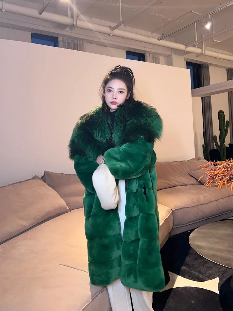 2023 New Winter Women Real Rex Rabbit Fur Coat Long Luxury Jacket with Super Large Raccoon Fur Collar Ladies Fashion Overcoat