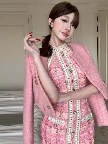 Winter Korean Fashion Women's Two Pieces Set Pink French Elegant Retro Office Lady Slimming Tweed Suit Set Blazer and Skirt Set