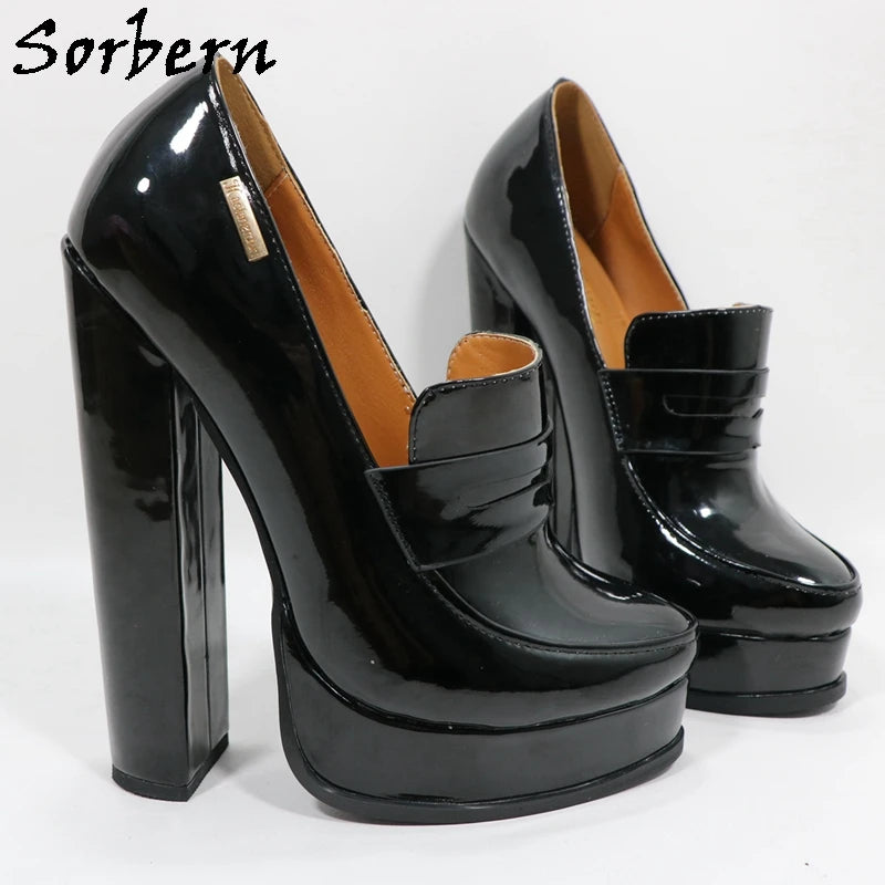 Sorbern Black Women Pumps 18Cm Block High Heel Platform Round Toe Unisex Shoes Style Ol Party Heels Custom High Arch...