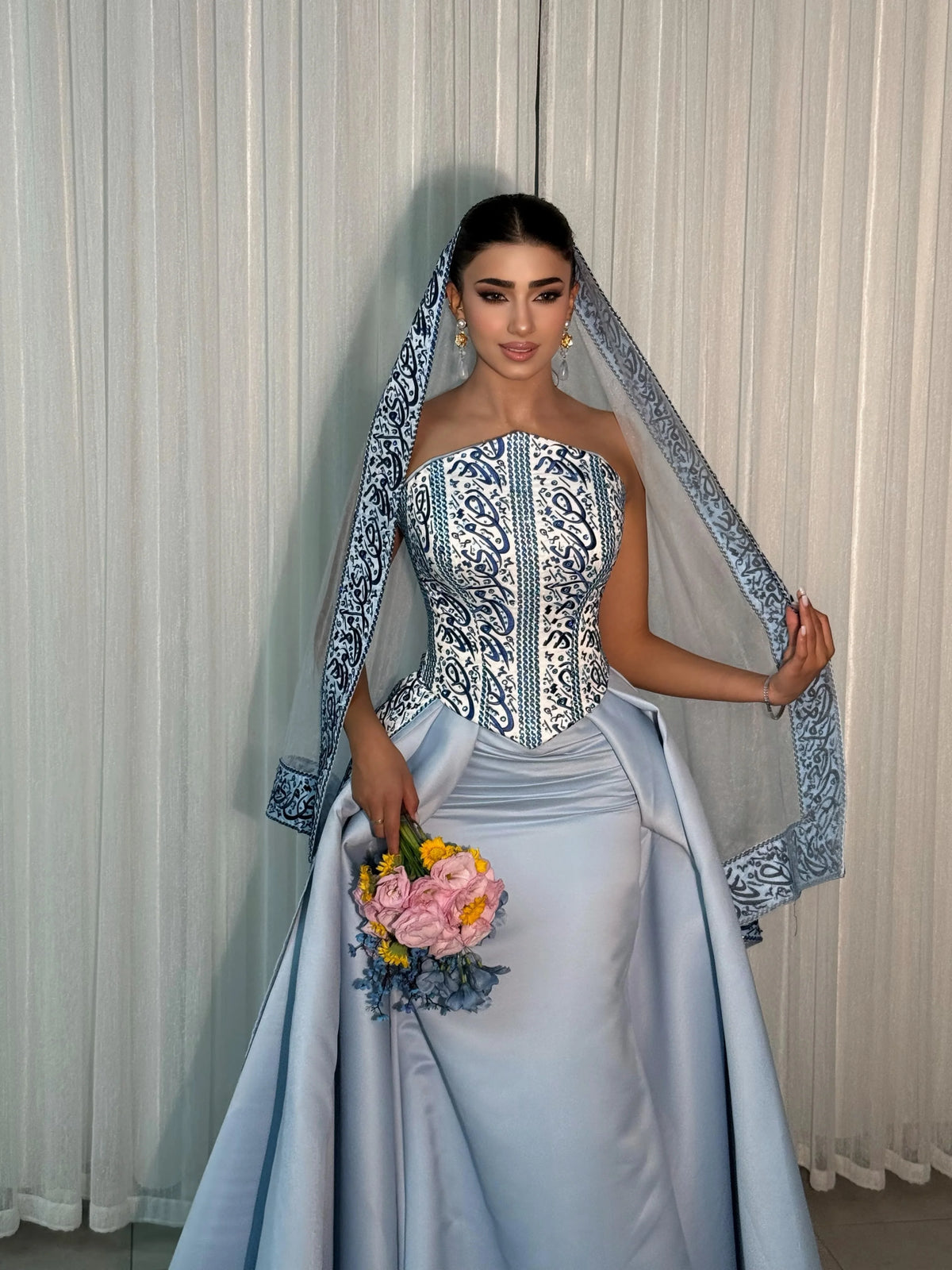Ofherown Light Blue Evening Dress for Women Printed Corset Satin Formal Gala Prom Ball Gown 2026