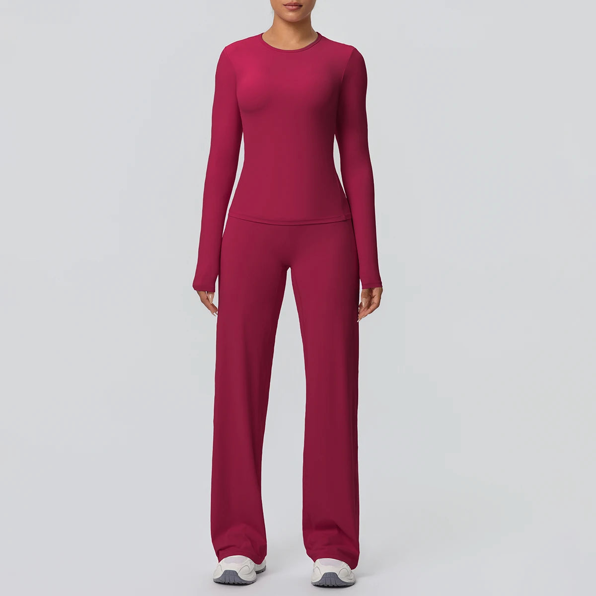 2pieces Women Gym Yoga Set Running Shirts Slim Long Sleeves Workout Top Quick Drying High Stretch Wide Leg Pants Thin Yoga Set