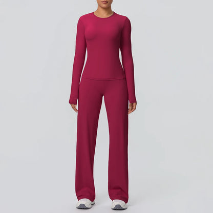 2pieces Women Gym Yoga Set Running Shirts Slim Long Sleeves Workout Top Quick Drying High Stretch Wide Leg Pants Thin Yoga Set