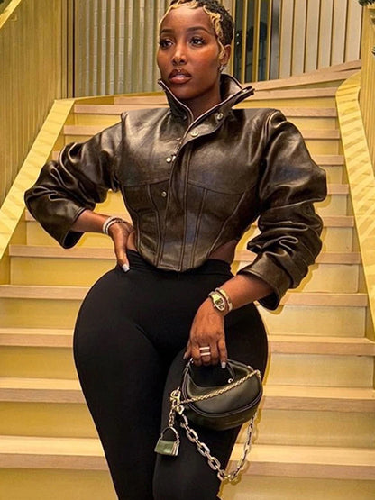 Nibber Hottie Crop Jacket Women Turtleneck Pu Irregular Zip Button Full Sleeve Wild Sexy Street Midnight Autumn Hipster...