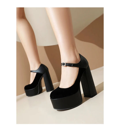 2024 Matte Flock Splice PU Shallow Mouth Hollow Breathable Waterproof Platform Ultra High Thick Heel Ankle Buckle Women's Pumps