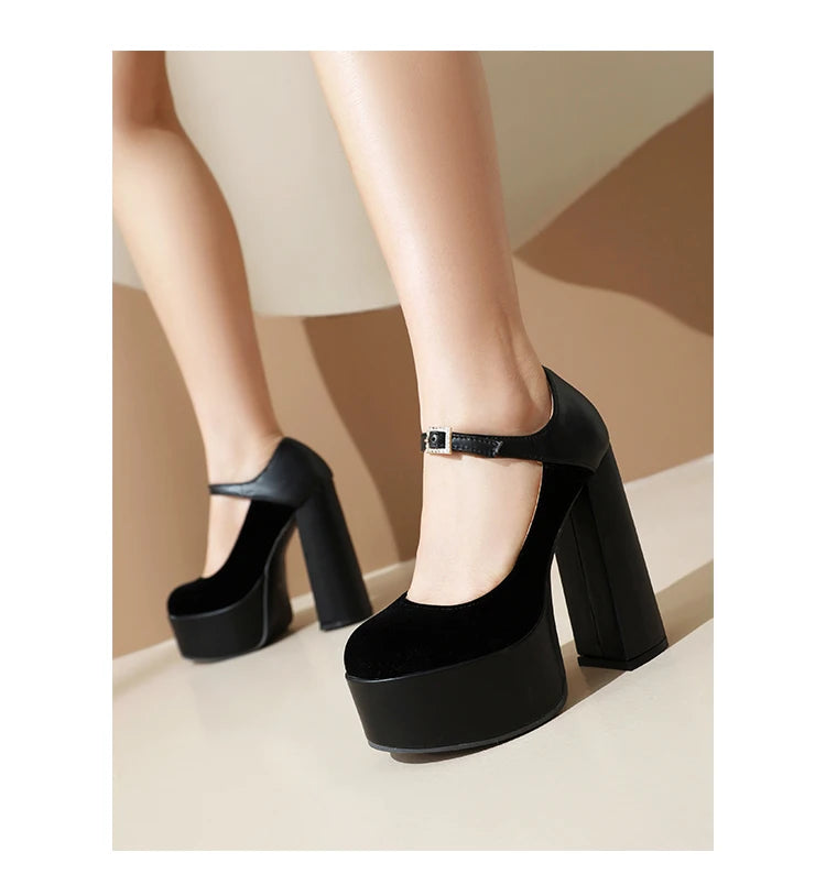 2024 Matte Flock Splice PU Shallow Mouth Hollow Breathable Waterproof Platform Ultra High Thick Heel Ankle Buckle Women's Pumps