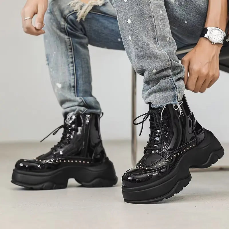 Mens Short Boot Sequined Big Toe Shoes Fashion Casual Bare Boot Motorcycle Shoes Thick Soled Comfort Mens Trendy Boots Durable