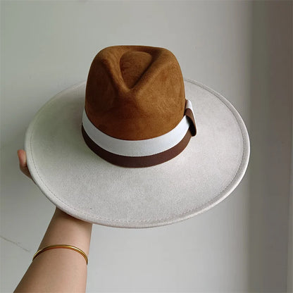 Colorblock Ribbon Colorful Suede Hat Autumn and Winter Women's Felt Hat Wide Brim Hat British Style Retro Men's Gorras Hombre - Kimlud