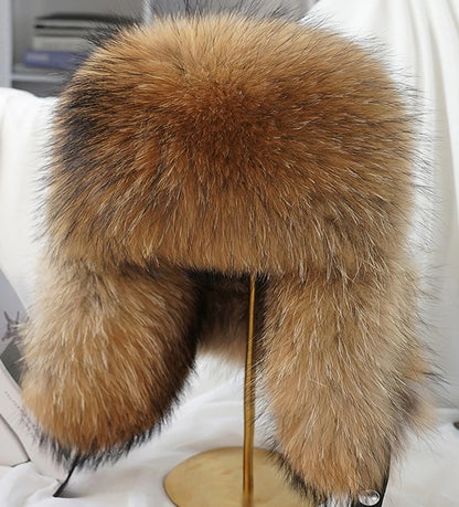 New Winter Men's 100% Real Silver Fox Fur Bomber Hat Raccoon Fur Ushanka Cap Trapper Russian Man Ski Hats Caps Real Leather Top