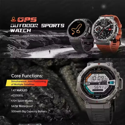 T-Rex 3 Built-in Dual-band GPS Military SmartWatch Men Compass Altimeter Barometric 10ATM&IP69K Waterproof 170+ Sport Smartwatch