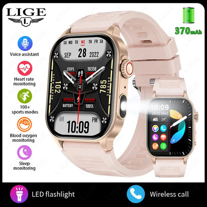 LIGE New Smart Watch LED Flashlight Military Sport Watches 2.01'' Screen Health Monitor Bluetooth Call Waterproof Smartwatch Men