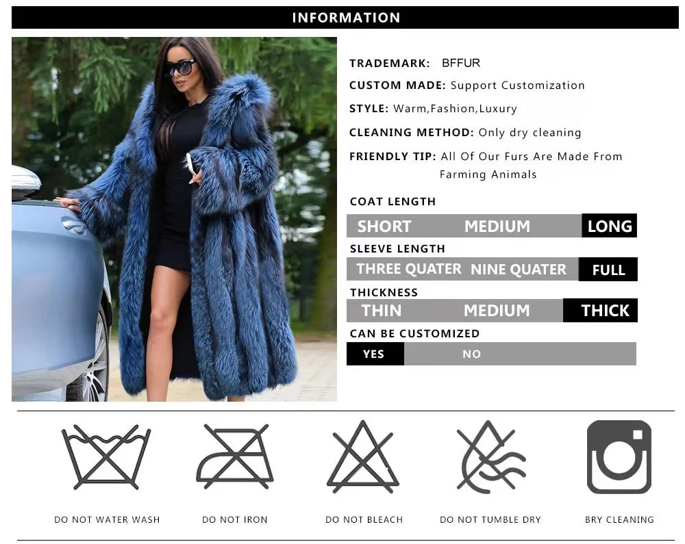 BFFUR Luxury Real Fox Fur Coat With Hood Winter Women'S Genuine Full Pelt Natural Fox X-Long Outdoor Jacket Thick Warm Coat