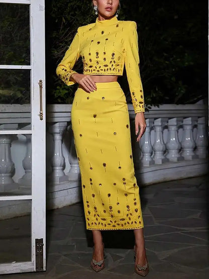 TWOTWINSTYLE Solid Spliced Diamonds Two Piece Set For Women Stand Collar Long Sleeve Tops High Waist A Line Skirt Set Female New