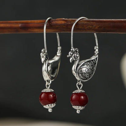 Ladies' Vintage Bird Shape Long Hook Earrings Metal Carved Pattern Design Retro Silver Plated Earrings Personalized Jewelry