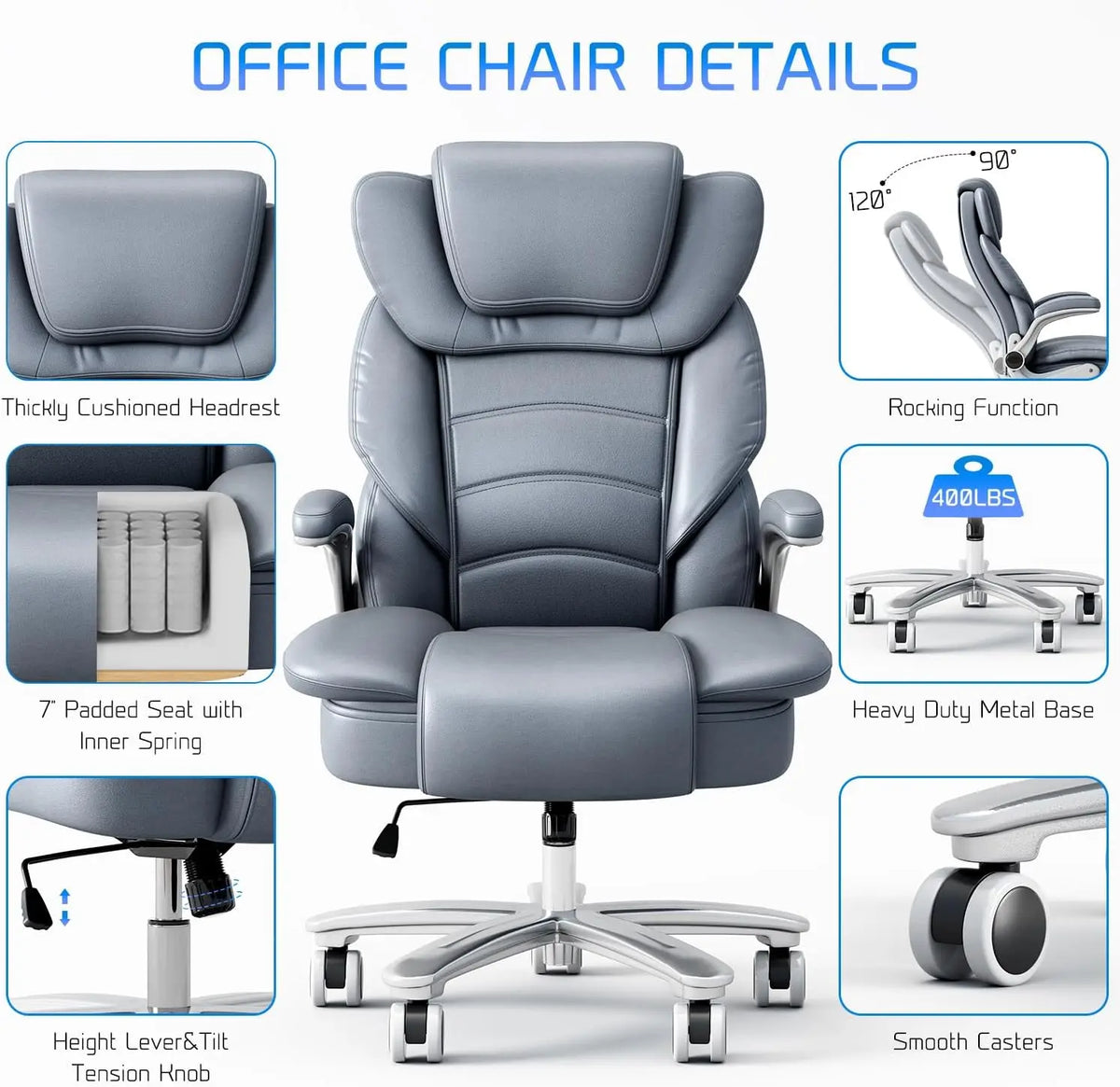 Office Chair 400lb Wide Seat, Ergonomic High Back Leather Executive Desk Chair with Flip-up Arms, Gray/Blue | Kimlud...