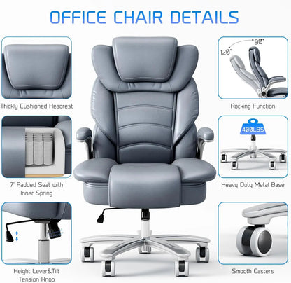Office Chair 400lb Wide Seat, Ergonomic High Back Leather Executive Desk Chair with Flip-up Arms, Gray/Blue | Kimlud...