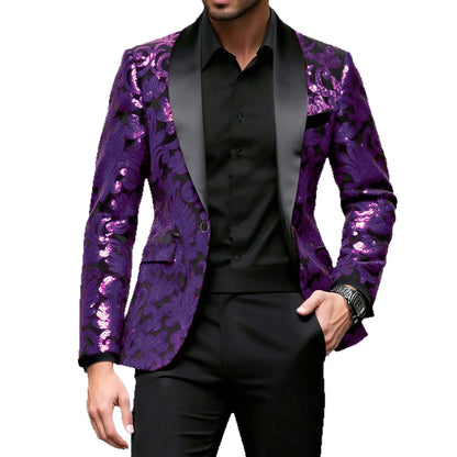 Shiny Sequin Embellished Single Button Stage Performance Outerwear in Blue Gold Green Purple Options for Men's Red Suit...