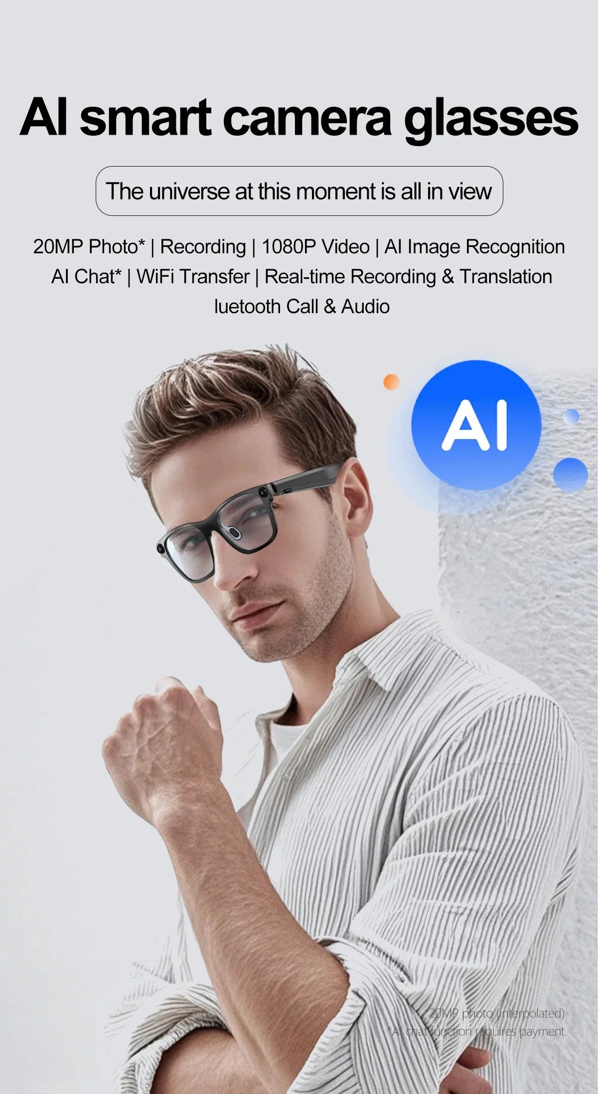 New AI Smart Glasses JL7018F Chip BT V5.4 WiFi 500W Pixel Video 1080P 2pin Magnetic Charging 220mAh Voice Call Video Recording