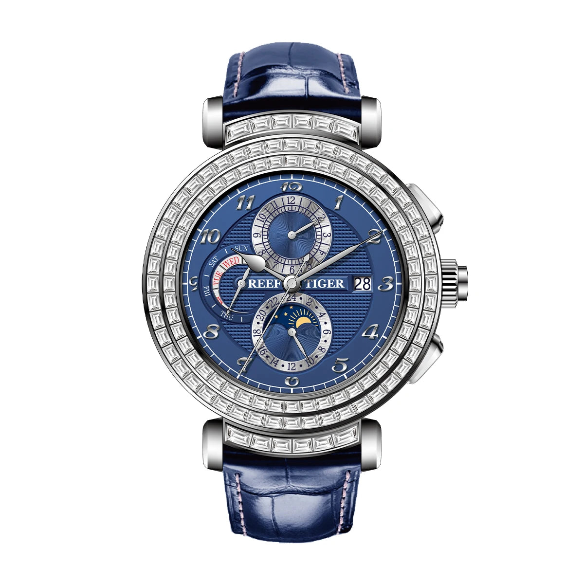 Reef Tiger Luxury Men's Automatic Mechanical Watch Green Dial Moon Phase Date Genuine Leather Strap Waterproof Dress...