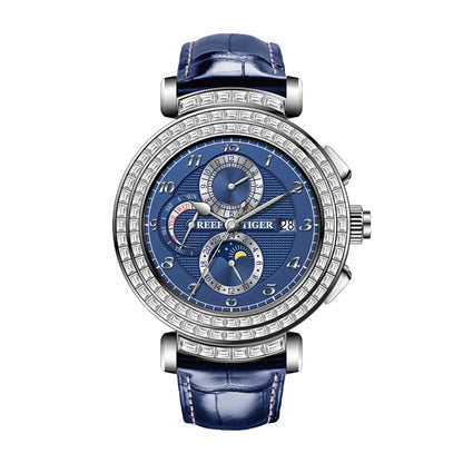Reef Tiger Luxury Men's Automatic Mechanical Watch Green Dial Moon Phase Date Genuine Leather Strap Waterproof Dress...