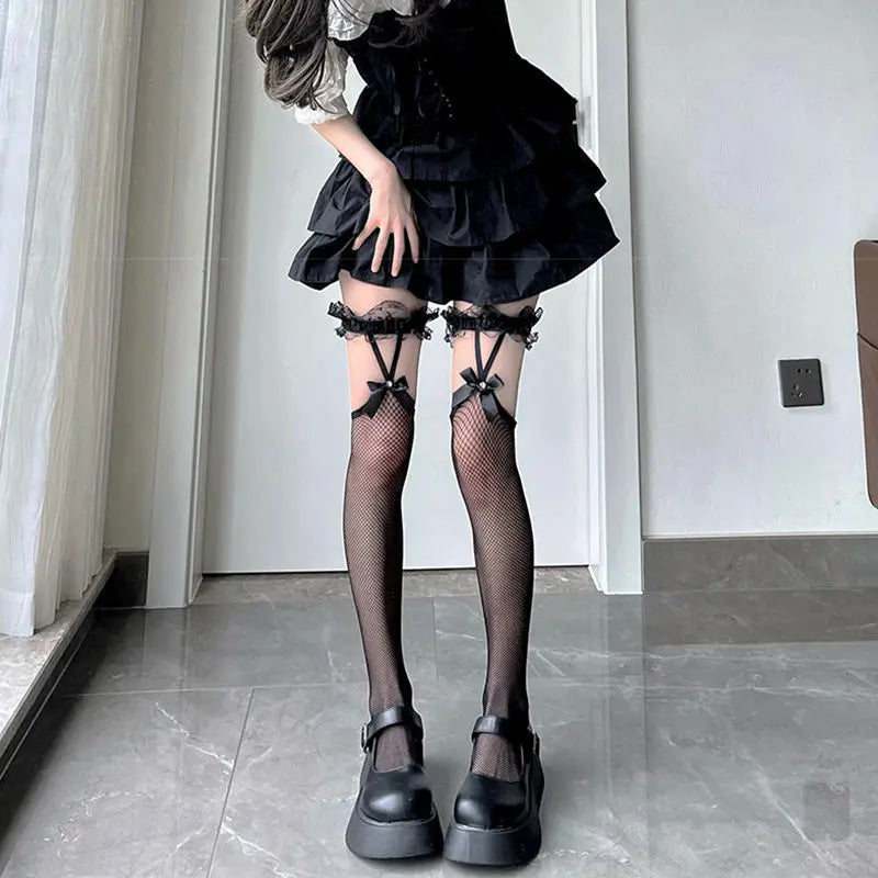 Lolita Socks Stockings Warm Thigh High Lolita Bow Over The Knee Long Tube Socks JK Girl Lolita Net Yarn Cotton JK Stockings - Kimlud